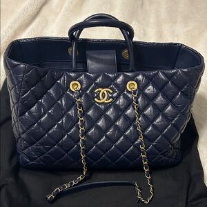 CHANEL Dark Blue Quilted Tote with Gold Accents